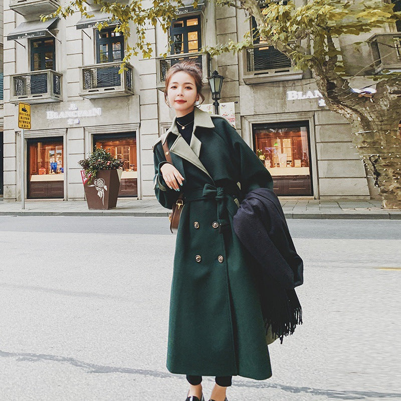 Women's Fashion Stitching Dark Green Woolen Coat In Winter
