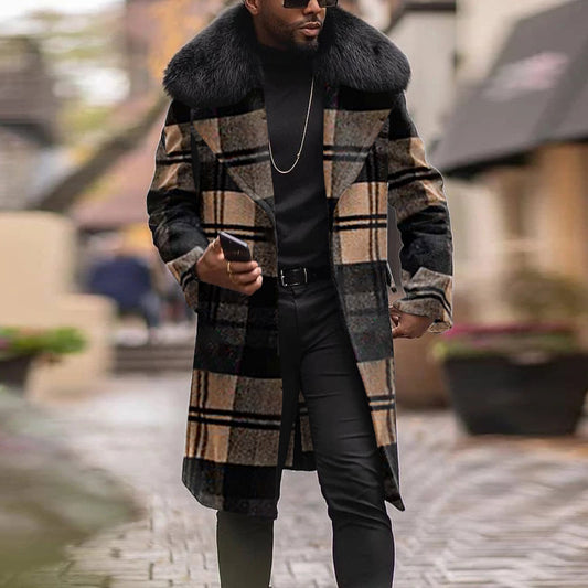 Men's Plaid Woolen Slim Fit Mid-length Fur Collar