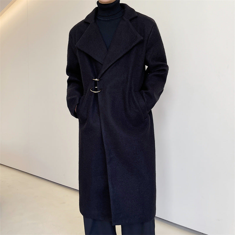 Men's Long Woolen Coat With Big Metal Circle