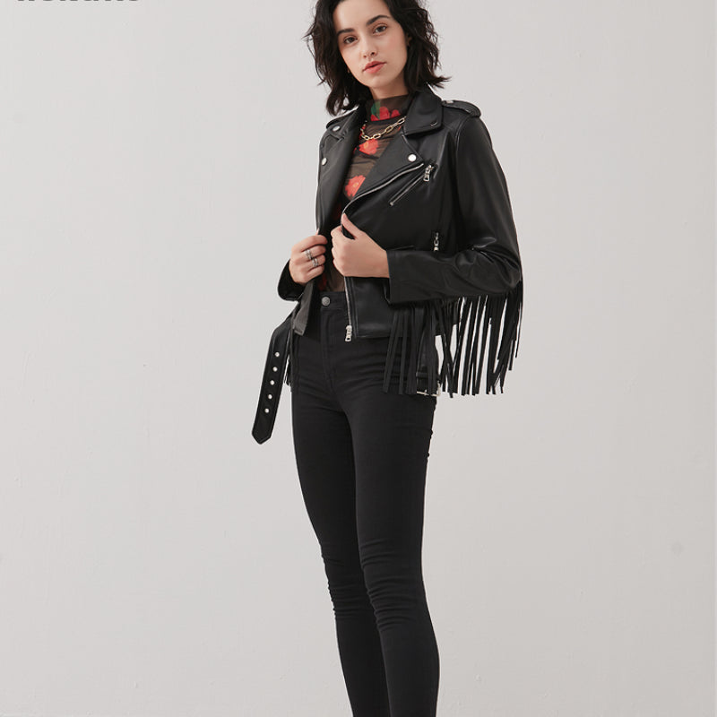 New Women's Tassel Short Slim Leather Jacket Motorcycle