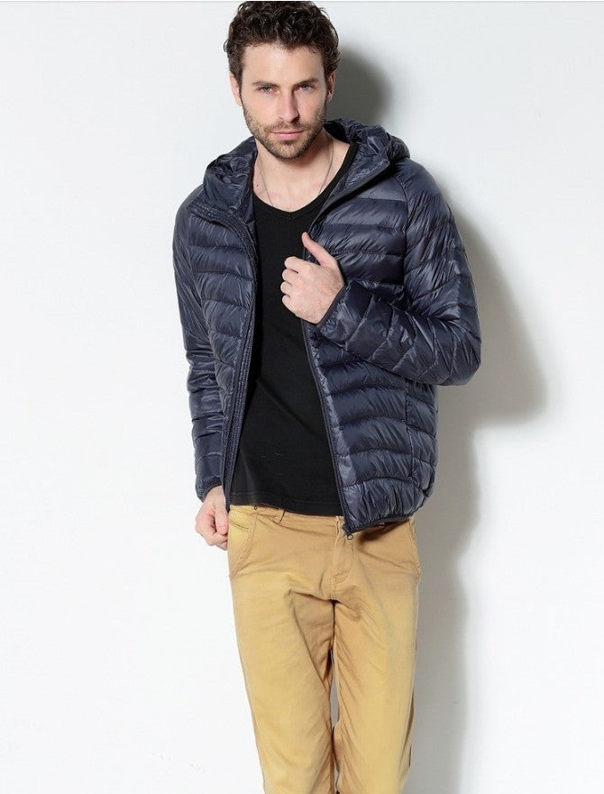 Men's Solid Color Hooded Striped Fashion Lightweight Down Jacket