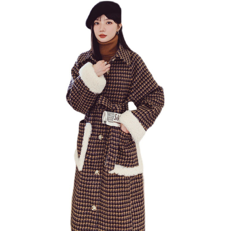 New Stitching Contrast Color Houndstooth Quilted Coat