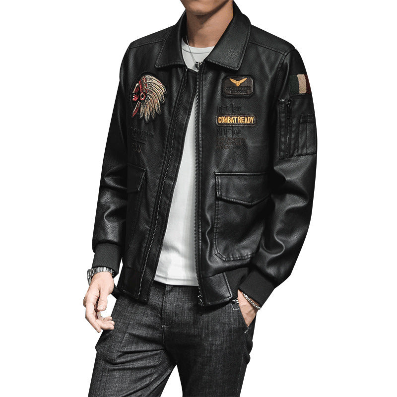 Herren Pu Lederjacke Herren Revers Stickerei Motorradjacke