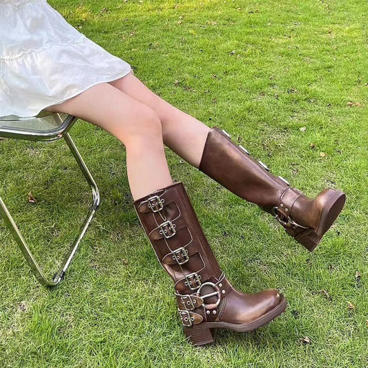 Female Genuine Leather Retro Metal Leather Ring Knee-high Boots