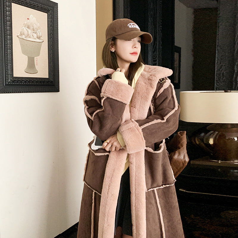 Retro Coffee Color Loose Lapels Single-breasted Stitching Fur Integrated Large Coat