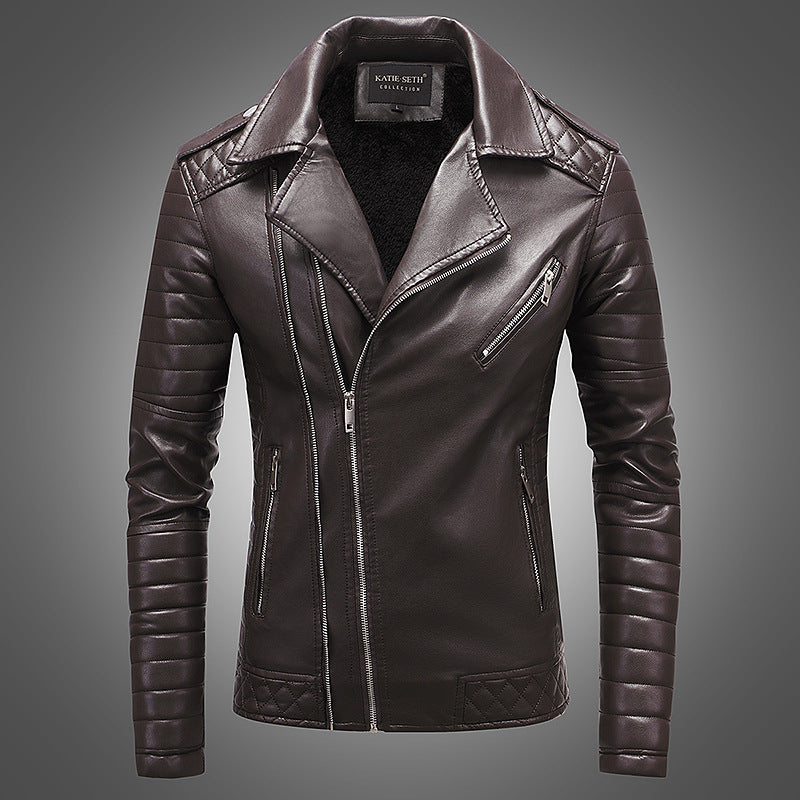 Men's Leather Jacket With Fleece Warm Lapel