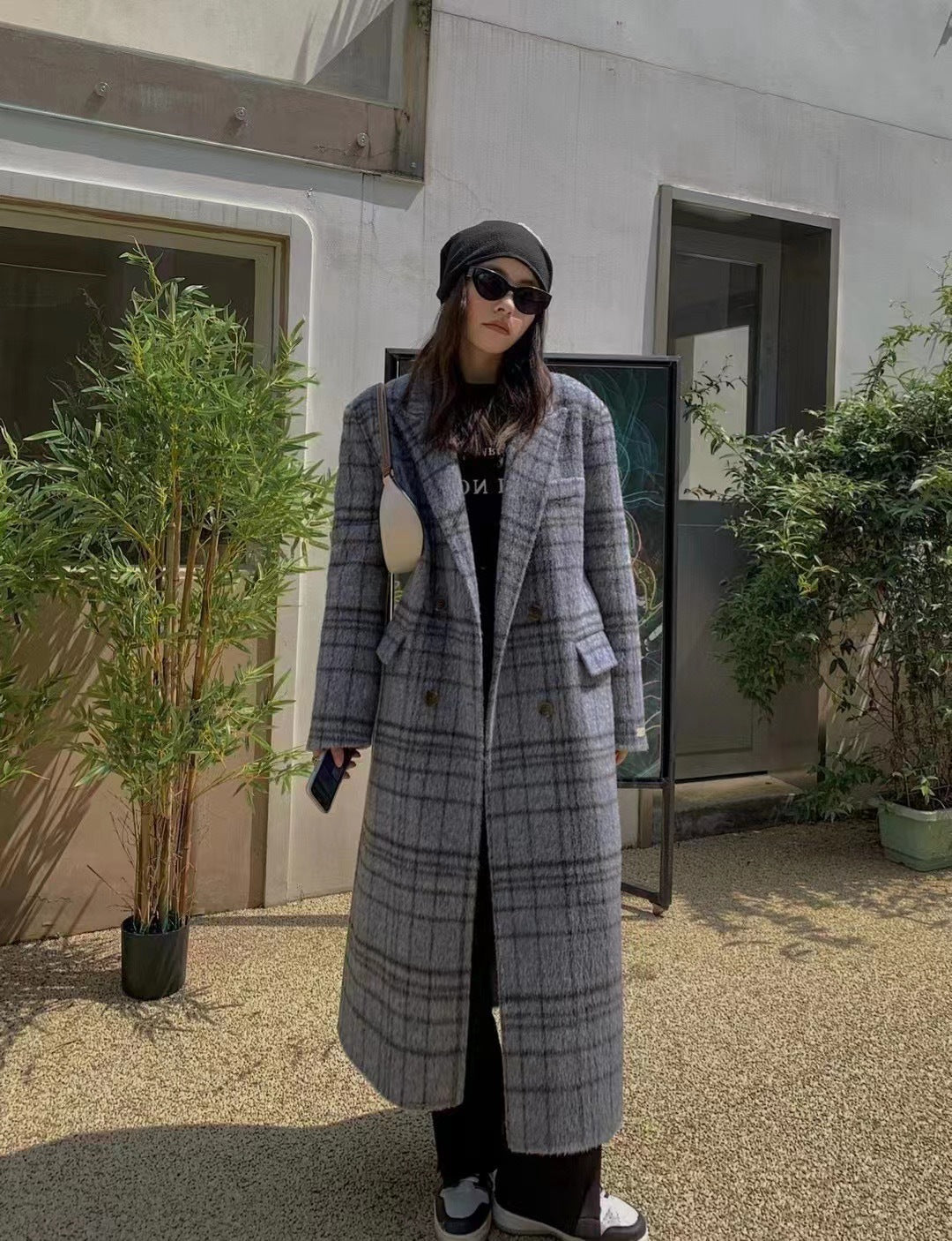 Checked Double sided Wool Coat For Women Long Knee length