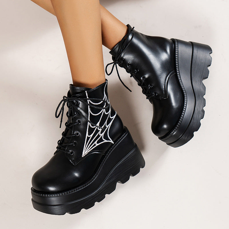 Platform Wedge Dr Martens Boots Autumn And Winter Spider Web Round Toe Lace-up Short Leather Boots