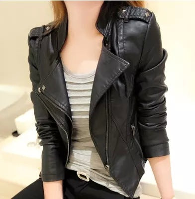 Slim-fit Stand-collar Ladies Jacket Rivet Leather Jacket
