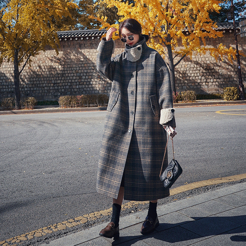 Loose And Thick Temperament Retro Plaid Mid-length Woolen Coat Women