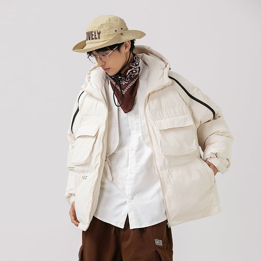 Large Pocket Hooded Couple Cotton-padded Loose College Style Thickened Casual Cotton-padded Jacket Coat