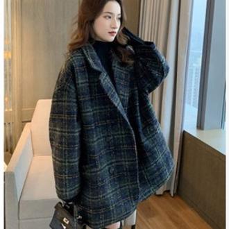 Women's Suit Jacket All-match New Popular Woolen Coat Plaid Tweed Mid-length